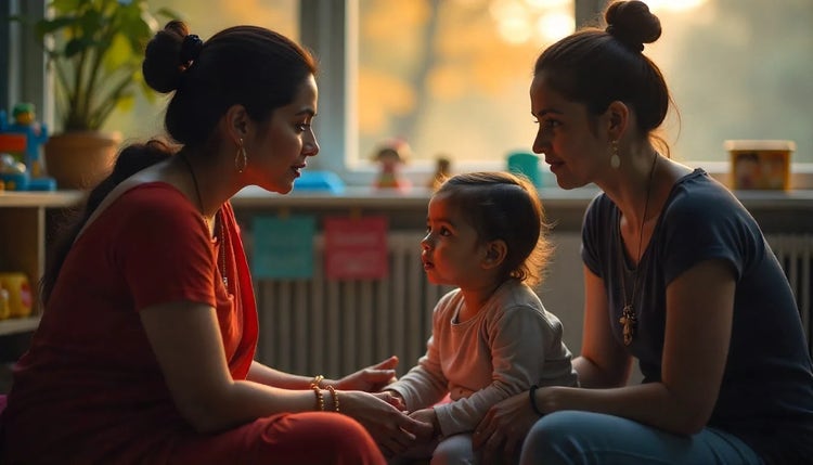 Speech therapist helping a child with stuttering while counseling a parent in a supportive therapy environment