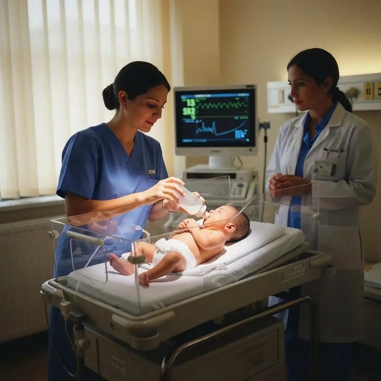 Medical staff assisting with infant feeding in a hospital environment