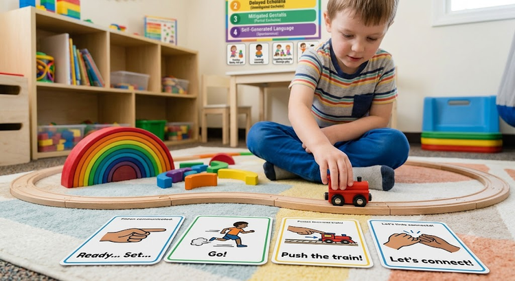 Young boy playing with a toy train on a rug next to a rainbow stacker and communication cards.