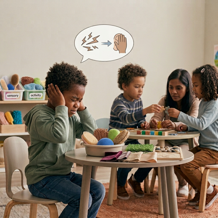 A young boy covers his ears in distress from loud noise while other children play in the background.