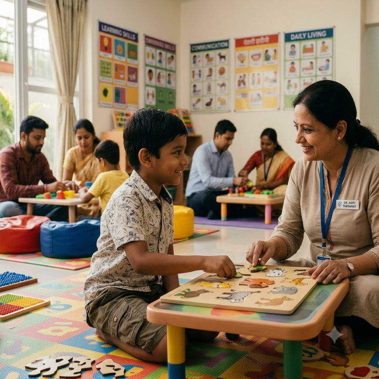 A female therapist smiling at a young boy as they work on an animal puzzle in a learning centre.