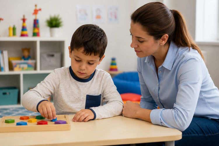 Child with autism spectrum disorder participating in personalized therapy to improve communication, social interaction, sensory processing, behavior, and independence.