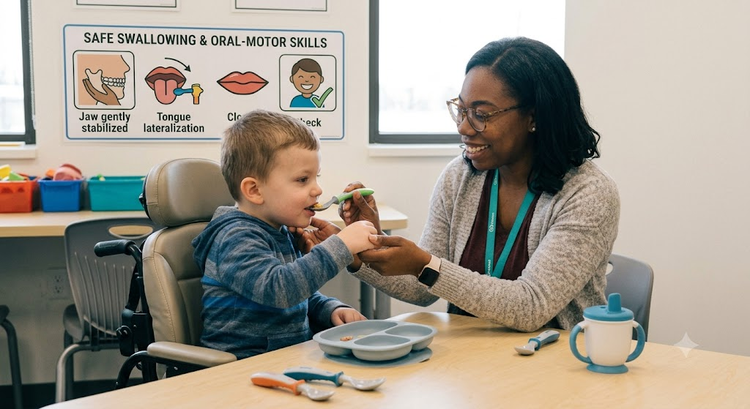A therapist patiently supporting a young child in using a specialized spoon for feeding.