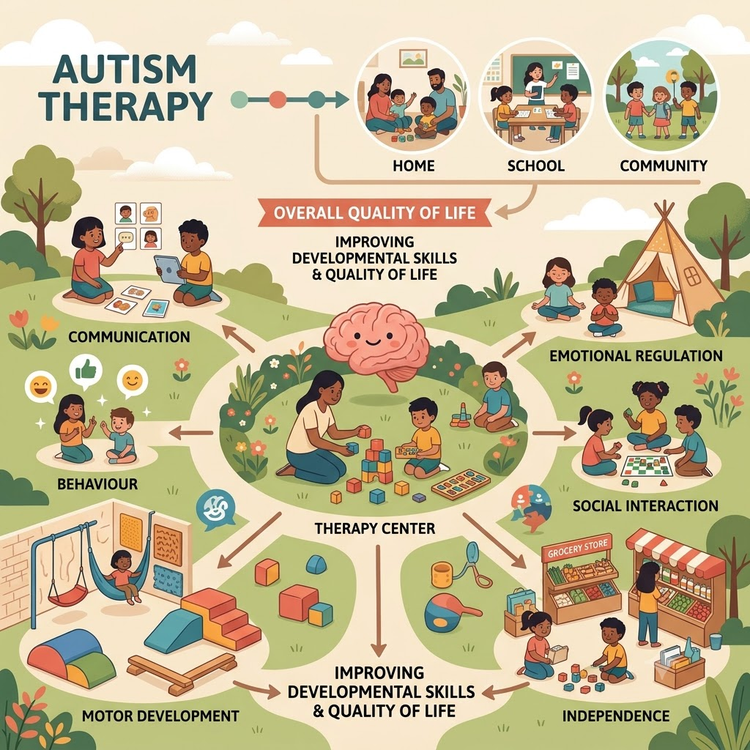 An infographic chart illustrating autism therapy focus areas connecting a central therapy centre to home, school, and community environments.