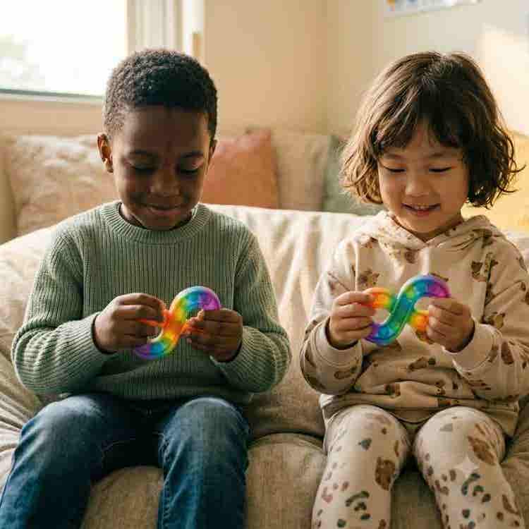 Two smiling children sit on a comfortable couch while playing with colorful, rainbow loop silicone sensory fidget toys.