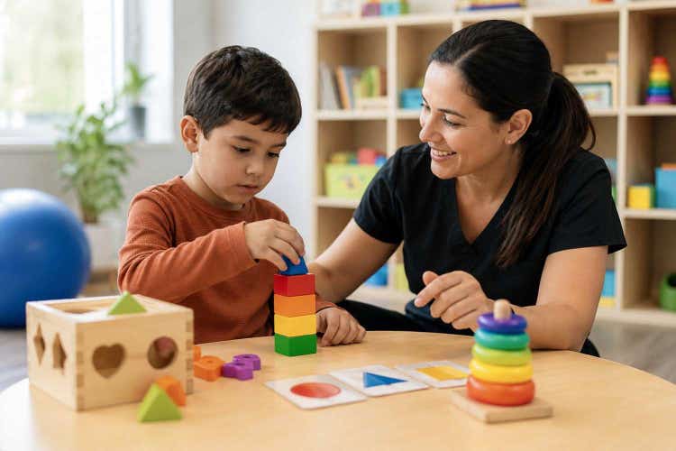 Child receiving personalized developmental therapy to improve communication, motor skills, learning abilities, social interaction, confidence, and overall developmental progress.