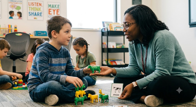 A child happily playing on the floor with a therapist, using communication cards to build language.