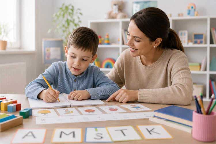 Child with learning disabilities receiving individualized therapy to improve academic skills, communication, confidence, problem-solving abilities, and independent learning.
