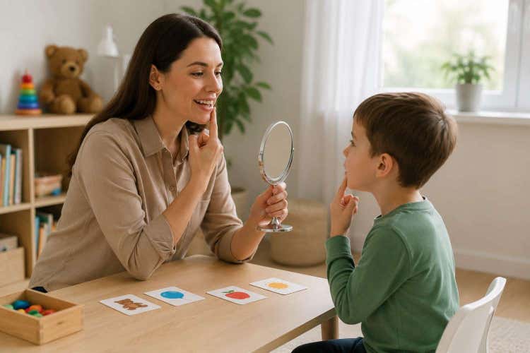 Child participating in stuttering therapy with a speech-language pathologist to improve fluency, communication confidence, speech clarity, and social interaction.