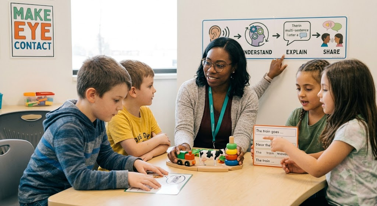 A therapist and a child exploring language comprehension using sensory and tactile educational props.