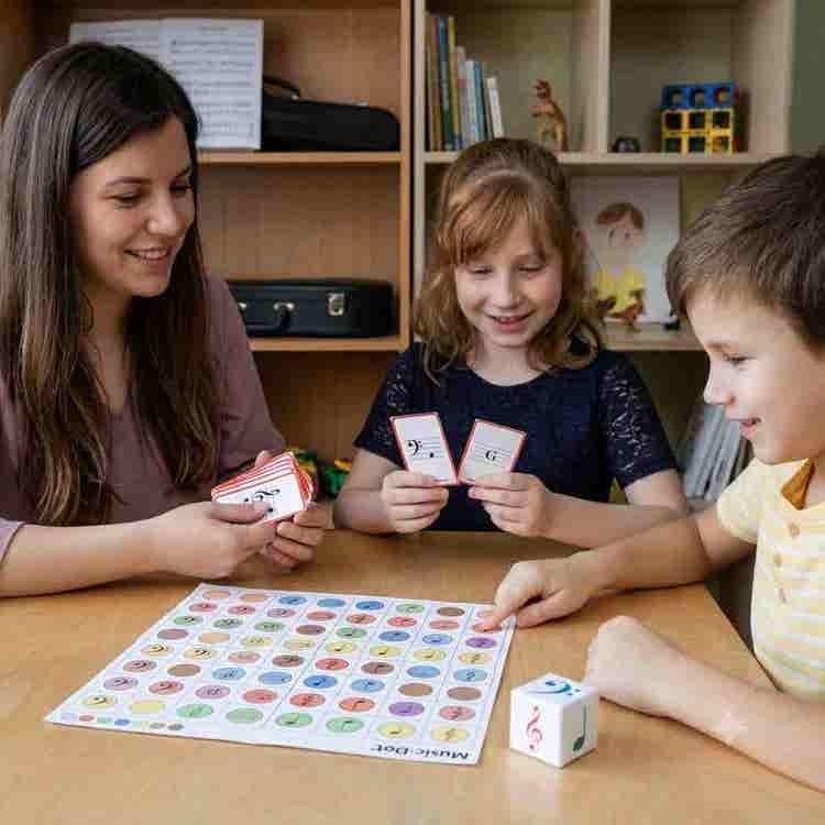 A therapist and two children playing an educational music-themed board game during a structured sensory development therapy session.