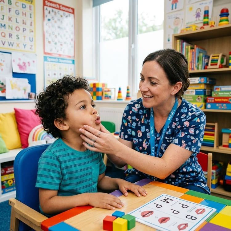 Her hand is gently positioned on his cheek and jawline, guiding his movements as they work on a specific speech sound.