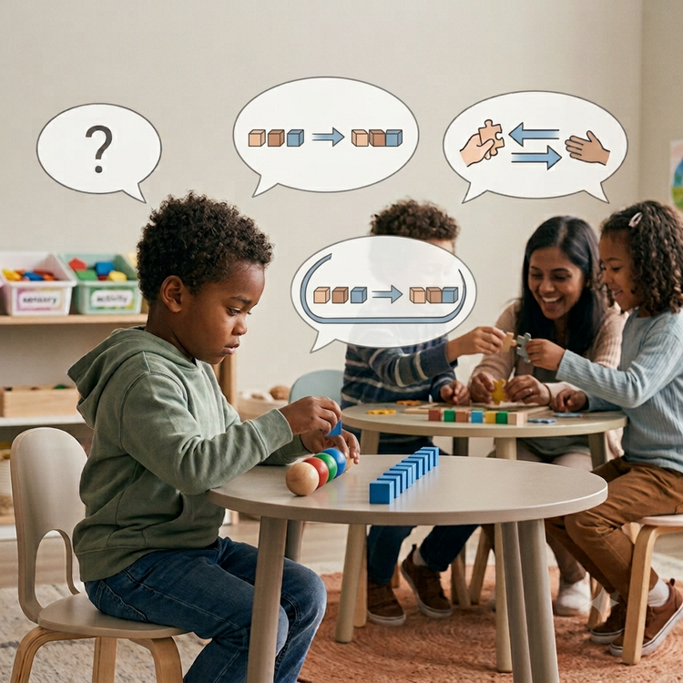 A young boy focuses on arranging colourful toys in a row while other children play in the background.