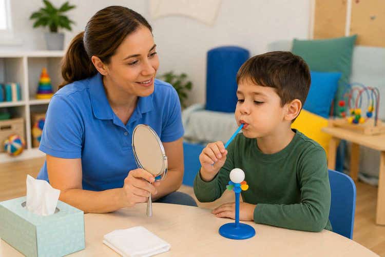 Child receiving drooling therapy with a specialist to improve oral muscle control, swallowing, speech, confidence, and everyday social participation.