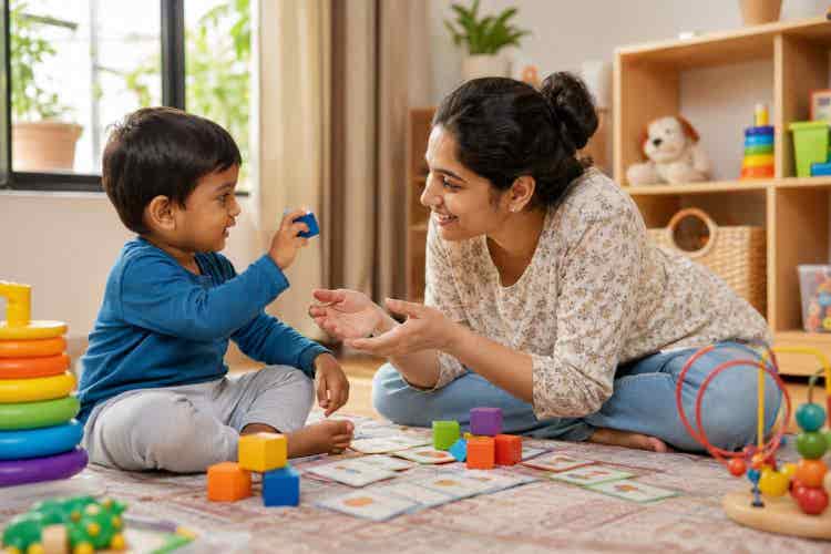 Child participating in DIR/Floortime therapy with a specialist to strengthen communication, emotional connections, social interaction, play skills, and confidence.
