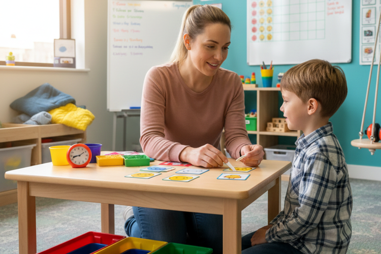 A behavioral therapist using positive reinforcement cards to help a child build adaptive and socially appropriate behaviors.