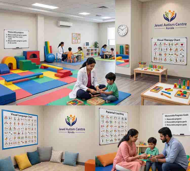 A collage showing therapists and parents interacting with children in different learning spaces at Jewel Autism Centre.