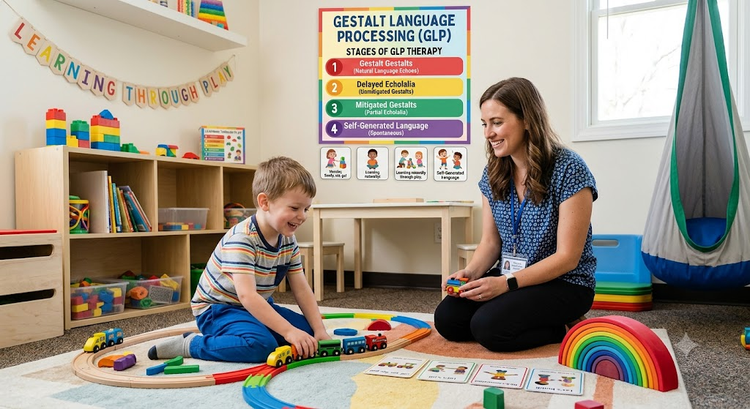 A therapist and a young boy play with trains on a rug near a "Gestalt Language Processing"