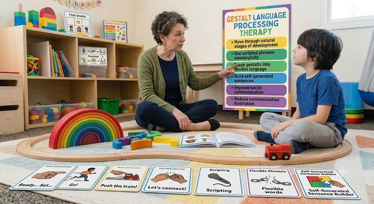 A therapist points to a language therapy chart while sitting on a playroom rug with a young boy.