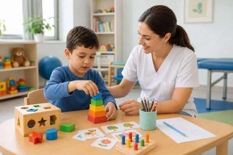 Child receiving individualized therapy for global developmental delay to improve communication, motor skills, learning, independence, and overall developmental progress effectively.