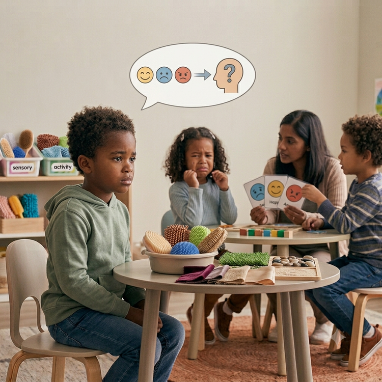A young boy looking confused about emotions while a teacher shows emotion cards to children in the background.