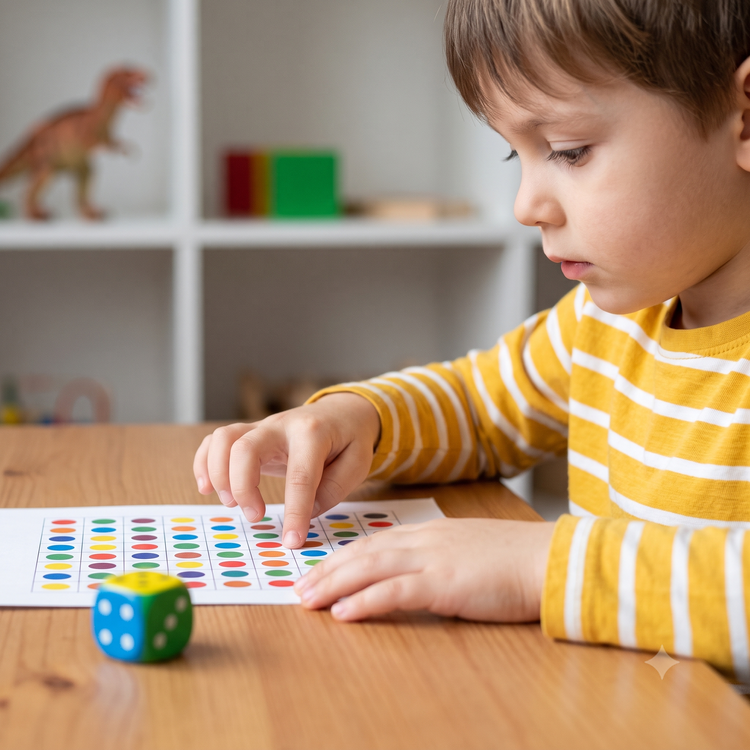 A young boy focusing on a colorful dot-matching activity sheet during a structured pediatric sensory learning session.