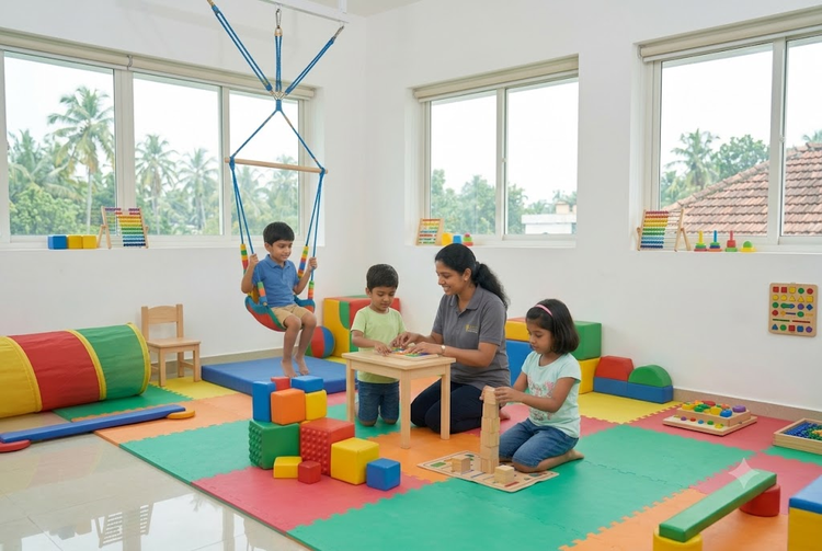 A therapist assists a young boy at a table while other children play in a colourful sensory room.