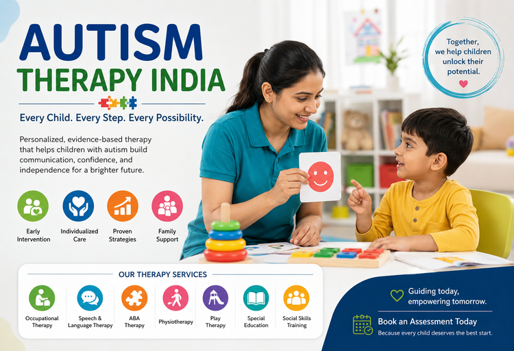Promotional banner for Autism Therapy India showing a therapist and a young boy interacting with an emotion flashcard.