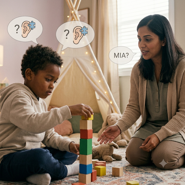 A woman calling a young boy's name while he stays focused on building a toy block tower.