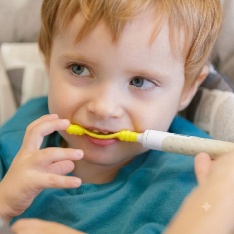 oral-motor therapeutic chew tool during a pediatric feeding .Trouble chewing, moving food around the mouththerapy session.