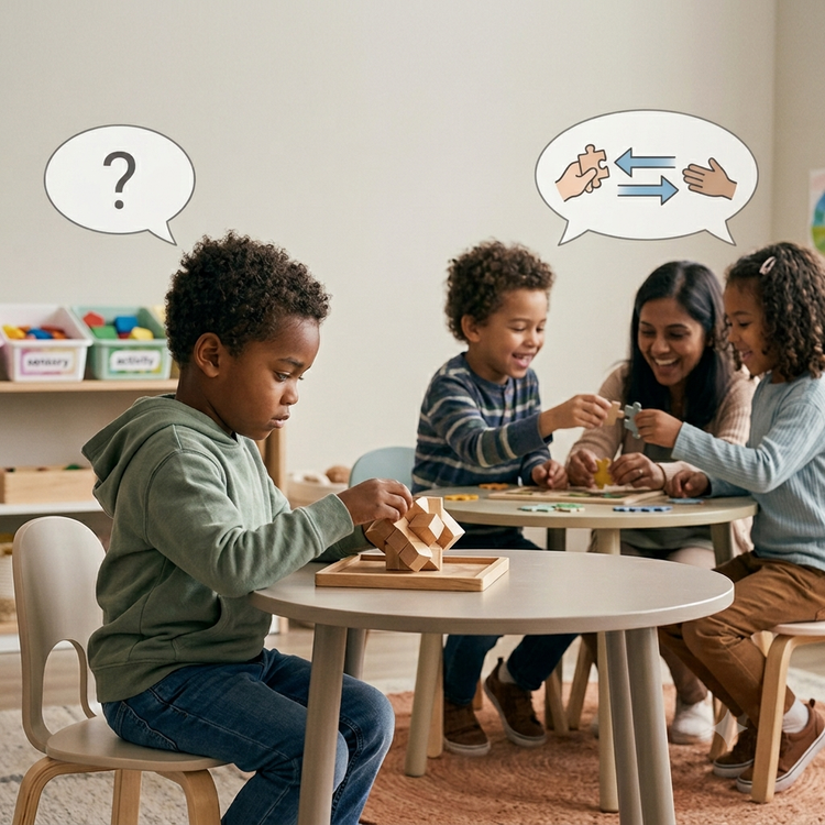 A young boy plays alone with a wooden puzzle while a teacher and other children interact in the background.