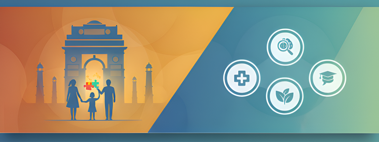 An infographic vector showing a family at India Gate beside healthcare, therapy, and education symbols for the best autism center.